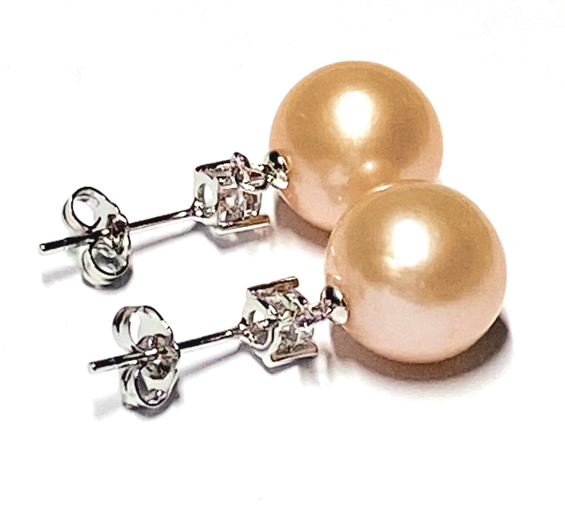 Stunning Huge 11.5mm Peach Gold Pink Edison Cultured Pearl Earrings