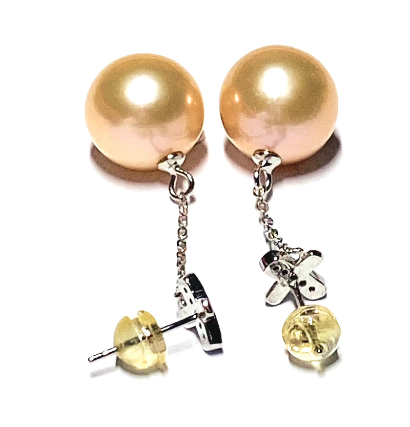 Huge 12 - 12.5mm Peach Gold Pink Edison Cultured Pearl Dangle Earrings