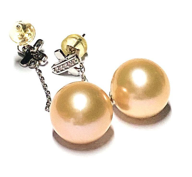 Huge 12 - 12.5mm Peach Gold Pink Edison Cultured Pearl Dangle Earrings