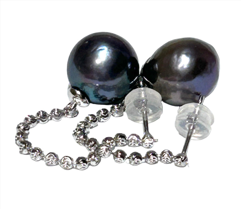 Unique 11.2mm Purple Black Blue Edison Round Pearl Dangle Earrings