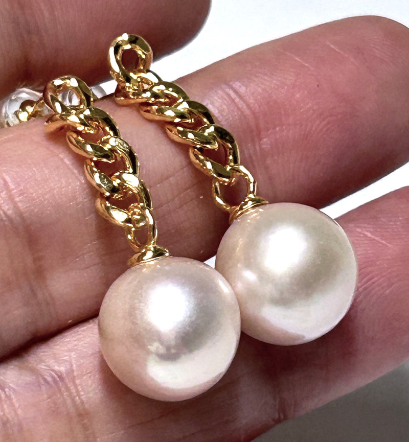 Stunning 11 - 11.2mm Edison Baby Pink Round Pearl Dangle Earrings