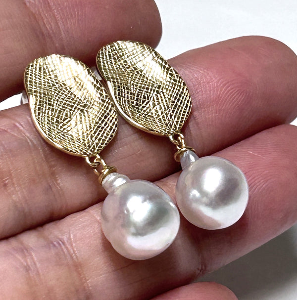 RARE Baroque 9.2 x 10.5mm Indonesia Sea Silver White Dangle Earrings