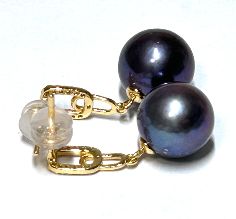 Stunning 10.6mm Round Purple Black Blue Pinkish Edison Pearl Earrings