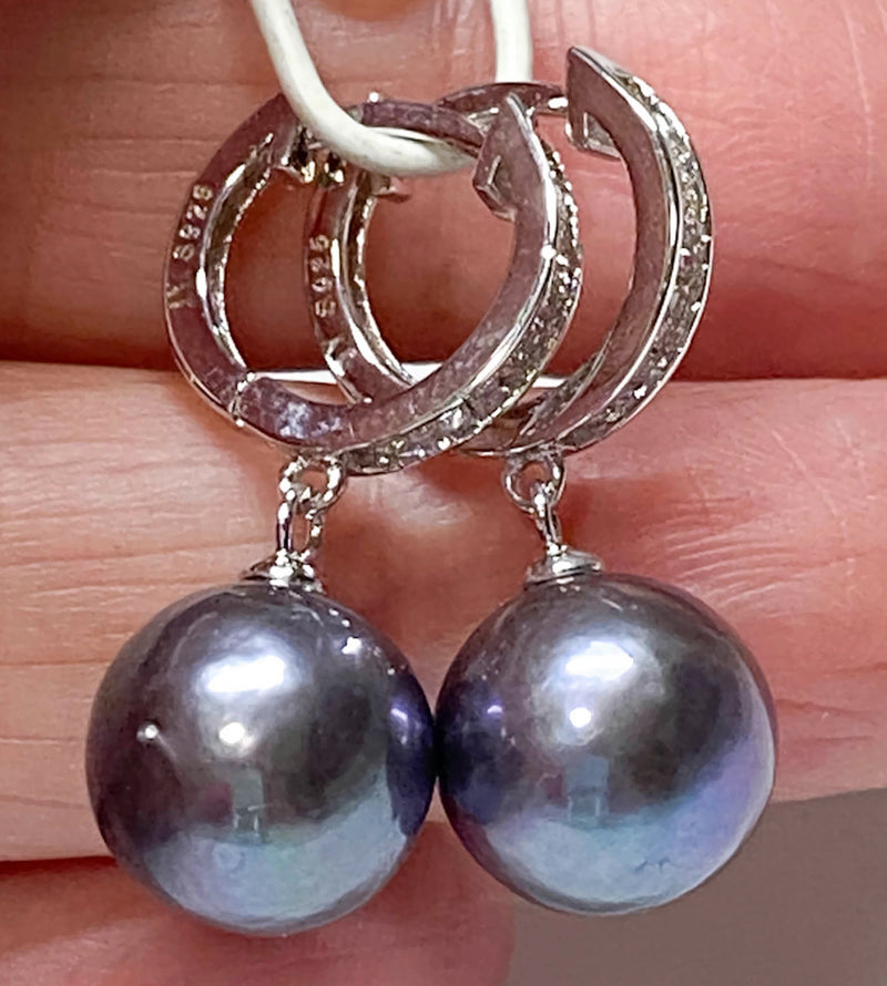 Natural Purple Black Edison Cultured 10 - 10.5mm Pearl Earrings