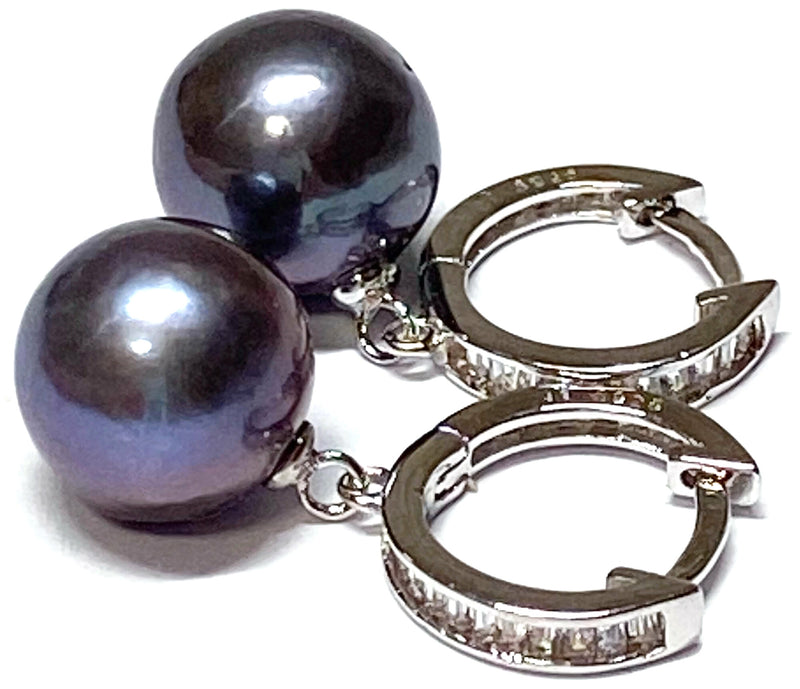 Natural Purple Black Edison Cultured 10 - 10.5mm Pearl Earrings