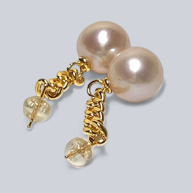 Stunning 11 - 11.2mm Edison Baby Pink Round Pearl Dangle Earrings