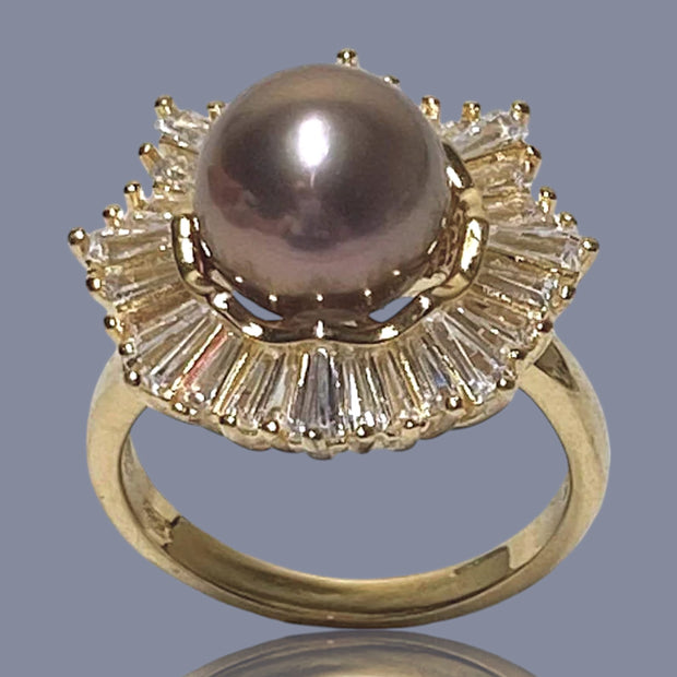 5A Luster 10-10.5mm Edison Purple Brown Round Pearl Ring Size 8