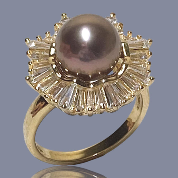 5A Luster 10-10.5mm Edison Purple Brown Round Pearl Ring Size 8