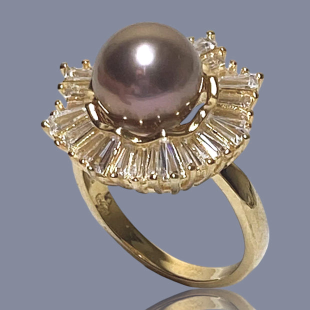 5A Luster 10-10.5mm Edison Purple Brown Round Pearl Ring Size 8