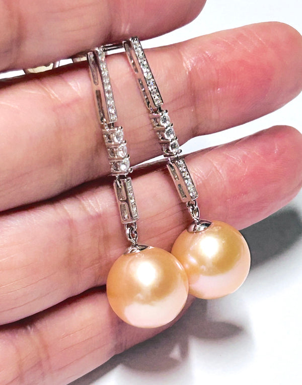 Perfect Round 11.7mm Natural Peach Pink Edison Pearl Dangle Earrings