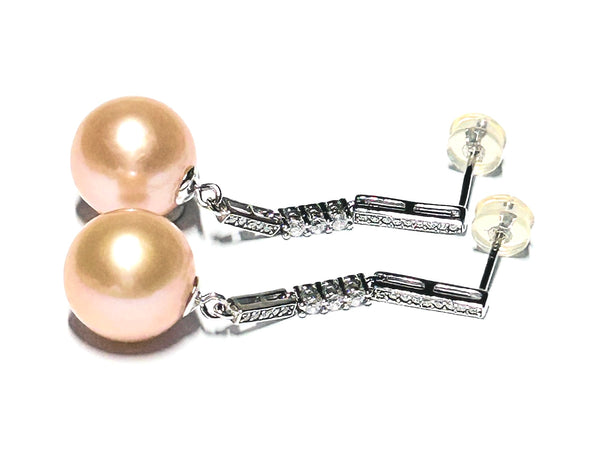 Perfect Round 11.7mm Natural Peach Pink Edison Pearl Dangle Earrings