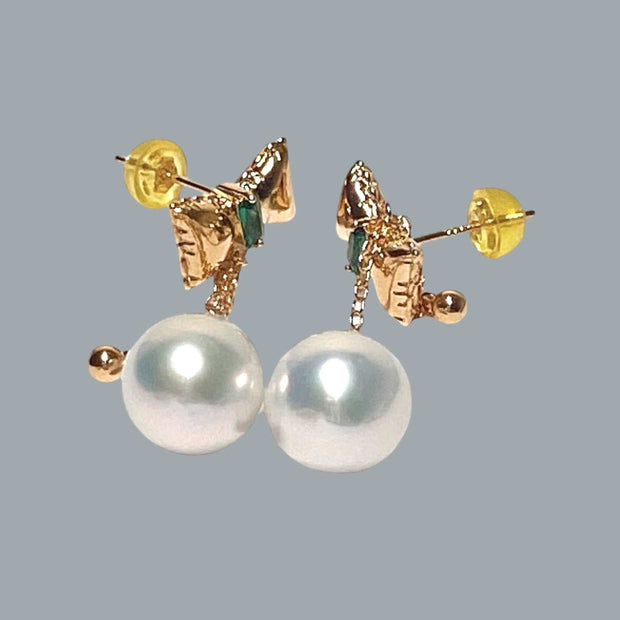 Butterfly Round 10.5 - 11mm Edison Silver White Pearl Dangle Earrings