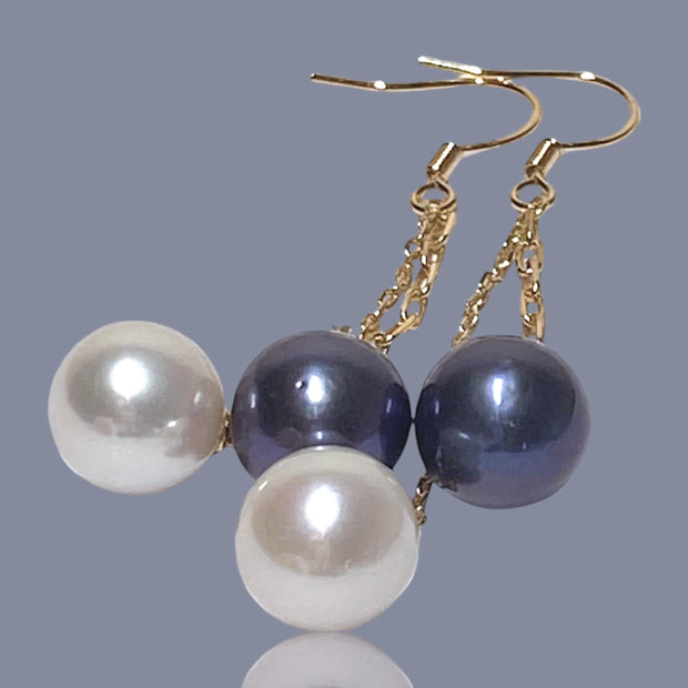 10- 10.5mm 5A Luster White Black Round Edison 2 Pearls Dangle Earrings