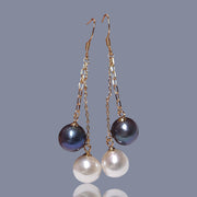 10- 10.5mm 5A Luster White Black Round Edison 2 Pearls Dangle Earrings