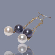 10- 10.5mm 5A Luster White Black Round Edison 2 Pearls Dangle Earrings