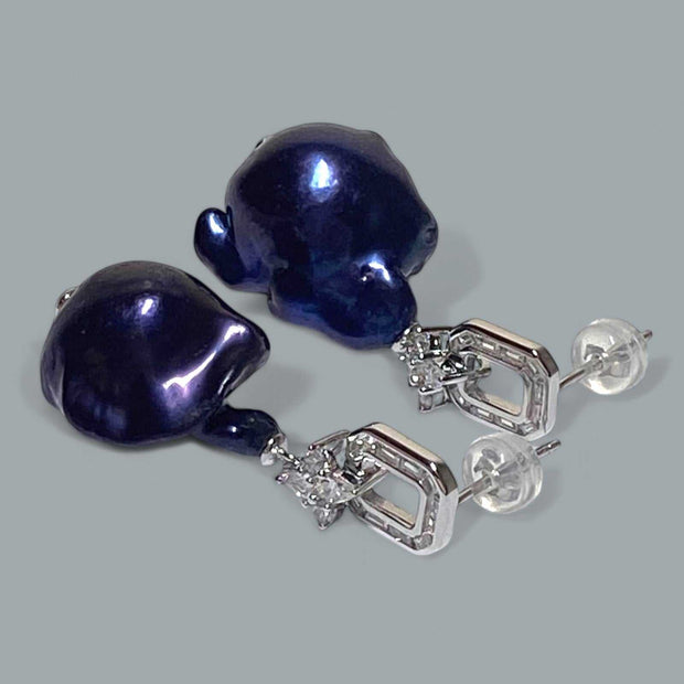 Baroque Giant 13.5x17.5mm Keshi Navy Black Blue Pearl Dangle Earrings