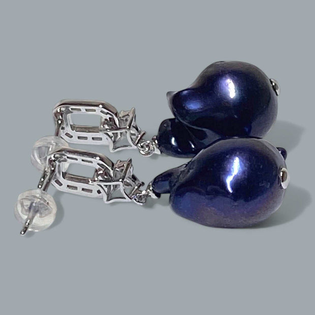 Baroque Giant 13.5x17.5mm Keshi Navy Black Blue Pearl Dangle Earrings