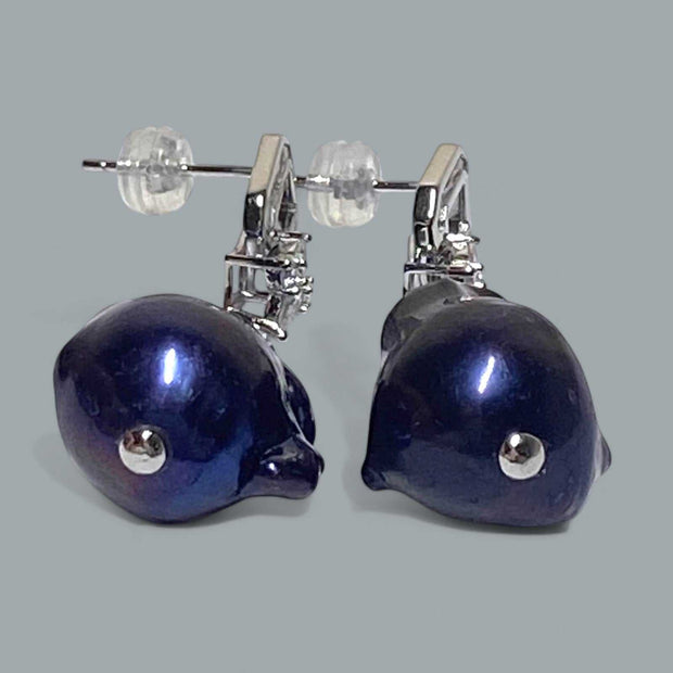 Baroque Giant 13.5x17.5mm Keshi Navy Black Blue Pearl Dangle Earrings