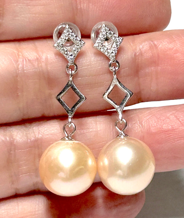5A 11.5mm Natural Peach Gold Edison Round Pearl Dangle Earrings