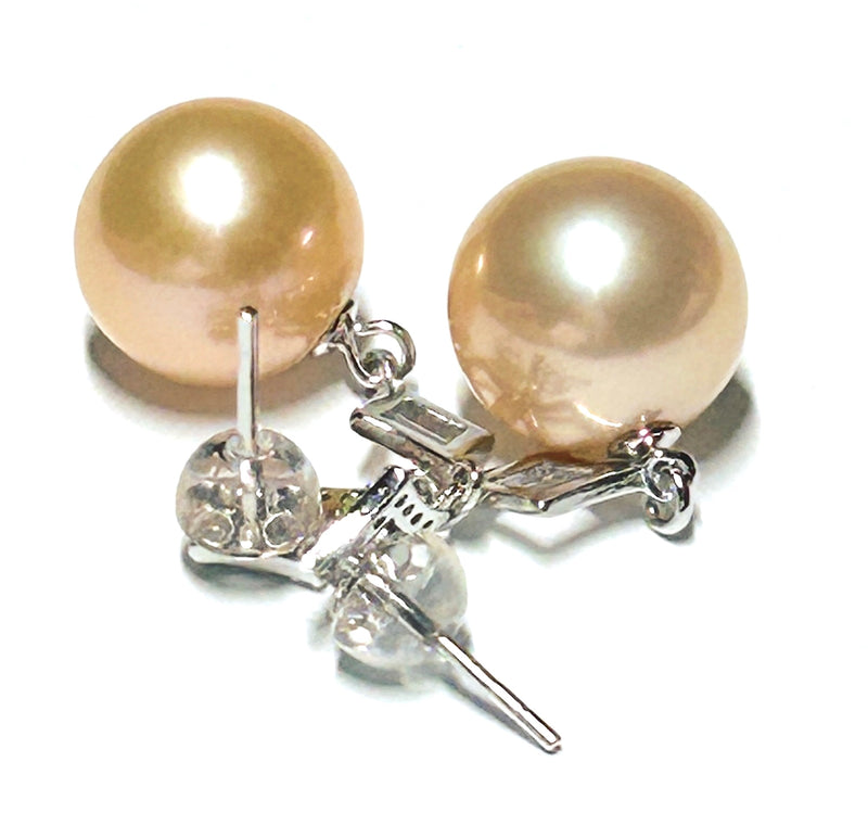 5A 11.5mm Natural Peach Gold Edison Round Pearl Dangle Earrings