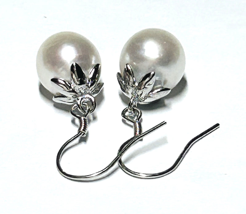 Oval Drop 9.8 x 11mm South Sea White Cultured Pearl Dangle Earrings