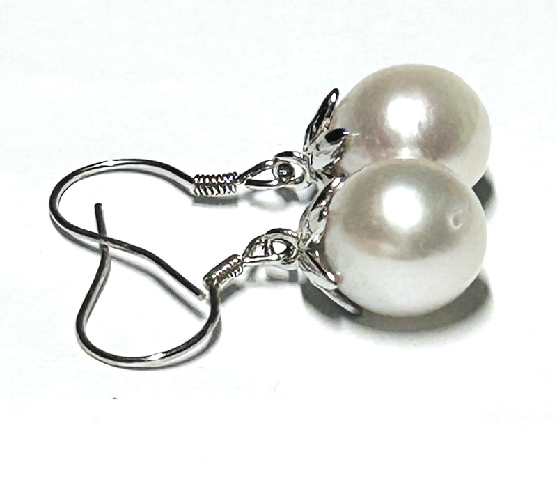Oval Drop 9.8 x 11mm South Sea White Cultured Pearl Dangle Earrings