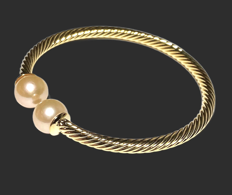Double Pearls Twist Gold Edison Peach Pink 11mm Round Pearl Bangle