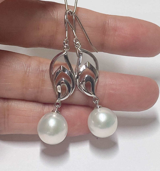 Dazzling White 10.5mm Round Edison Pearl Dangle Hook Earrings