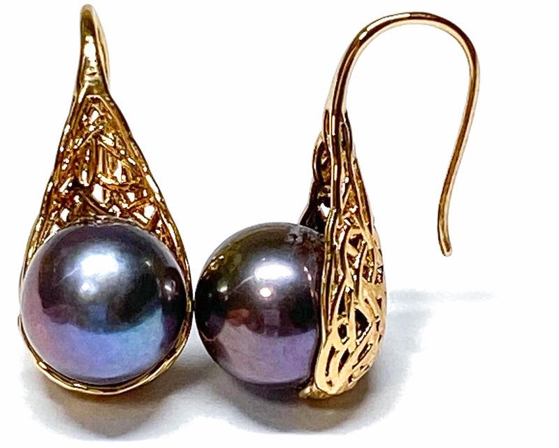 Round 10mm Edison Purple Black Blue Cultured Pearl Dangle Earrings