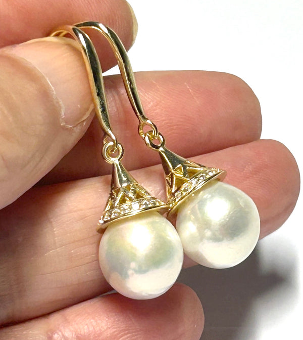 Exquisite 10 - 10.5 Edison Natural White Round Pearl Dangle Earrings