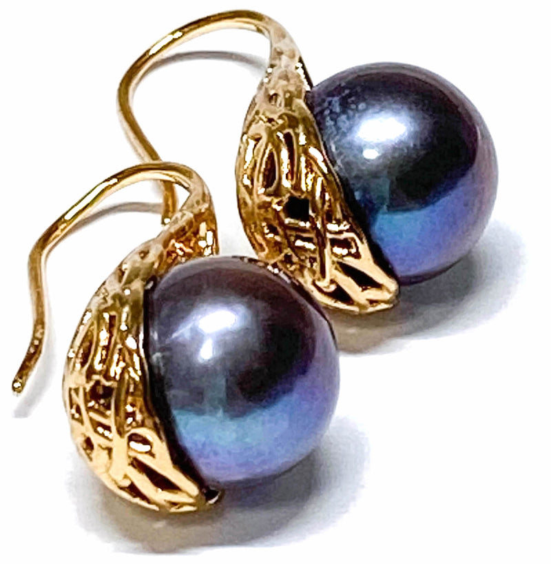 Round 10mm Edison Purple Black Blue Cultured Pearl Dangle Earrings