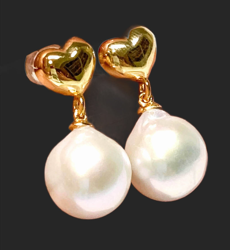 Heart 10 x 11mm White Round Edison Cultured Pearl Dangle Earrings