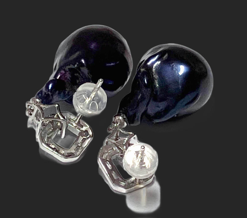 Baroque Giant 13.5 x 17.5mm Keshi Navy Black Blue Pearl Dangle Earrings