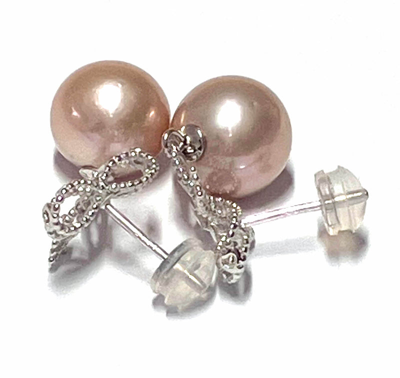 5A Quality 10 - 10.5mm Purple Pink Round Edison Cultured Pearl Earrings