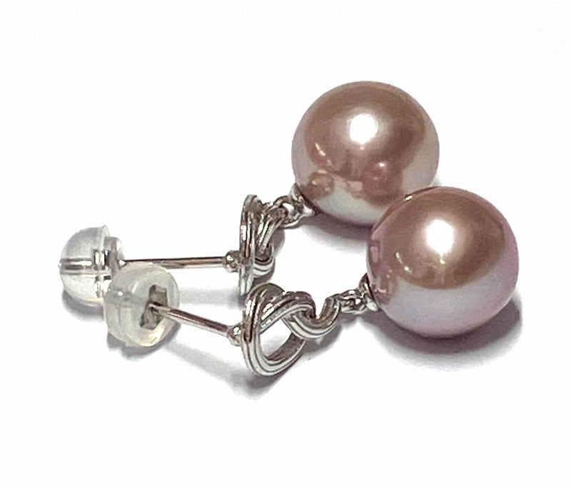 Stunning 10 - 10.5mm Lavender Pink Round Edison Cultured Pearl Earrings