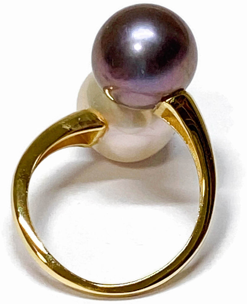 Super 2 x 10mm Edison White Black Round Cultured Pearl Ring Size 5.5