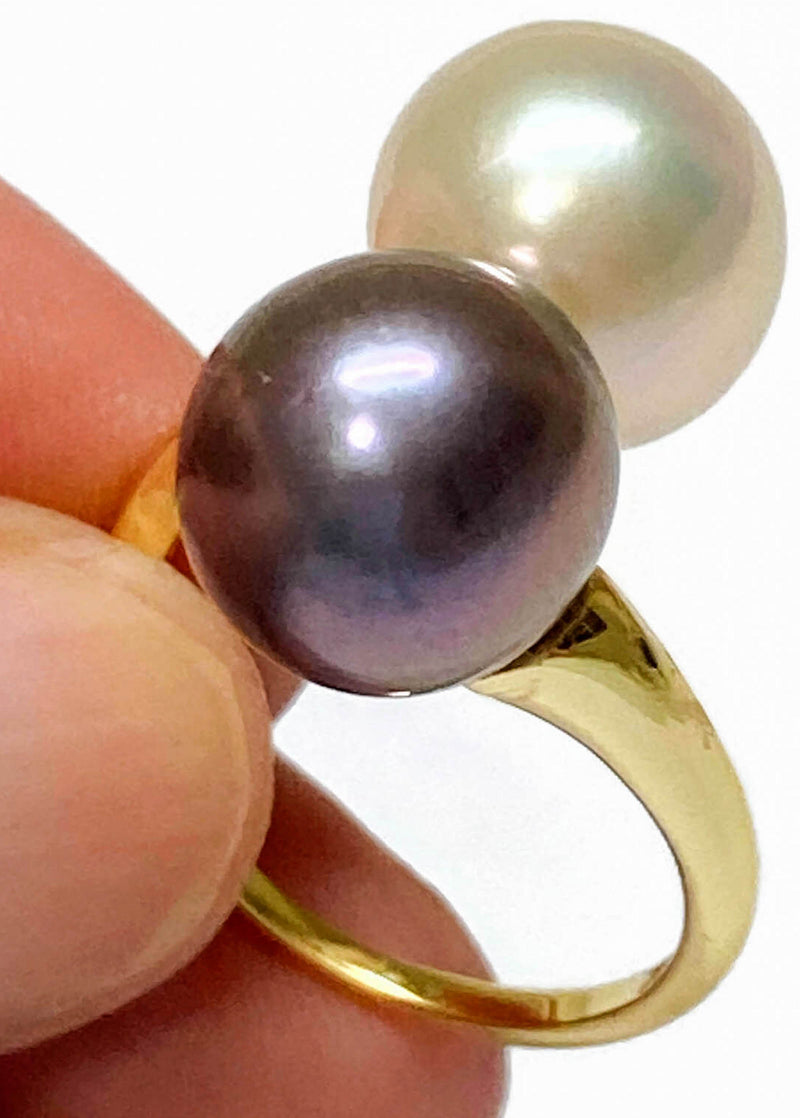 Super 2 x 10mm Edison White Black Round Cultured Pearl Ring Size 5.5