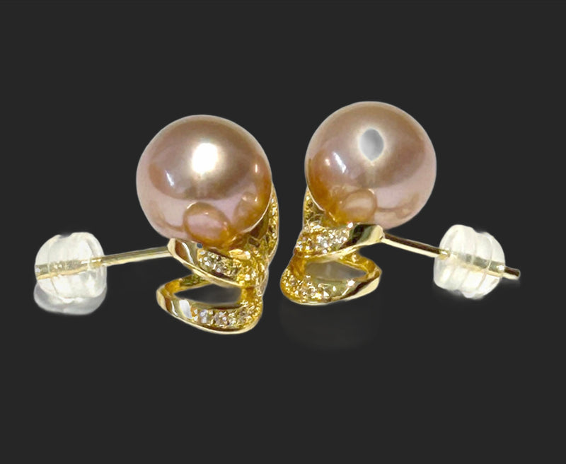 Stunning 9.5-10mm Peach Gold Pink Color Round Edison Pearl Earrings
