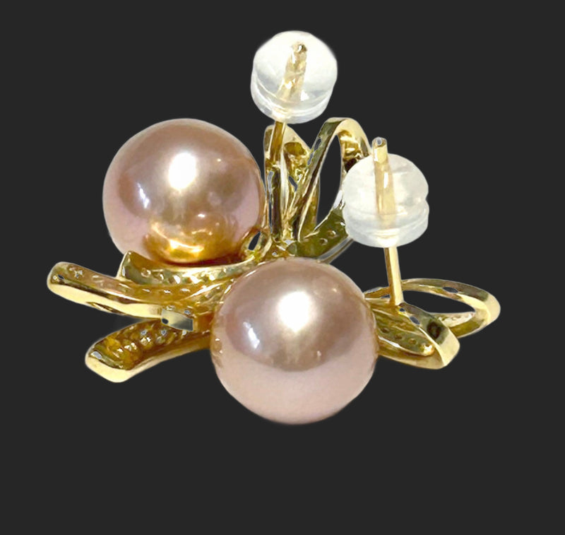 Stunning 9.5-10mm Peach Gold Pink Color Round Edison Pearl Earrings