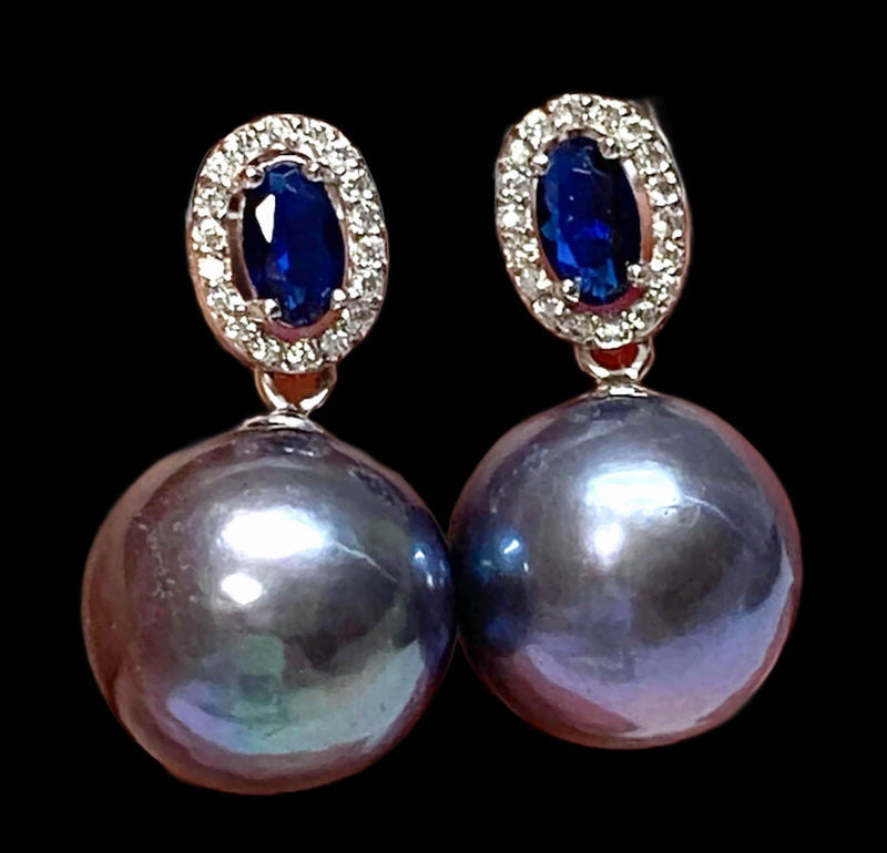 5A Luster 10 - 10.5mm Edison Peacock Blue Round Pearl Dangle Earrings