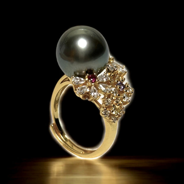 Cocktail Natural Peacock Black 12.2mm Round Tahitian Pearl Ring Size 6