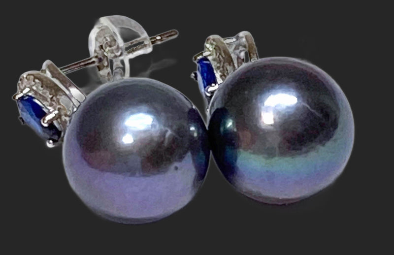 5A Luster 10 - 10.5mm Edison Peacock Blue Round Pearl Dangle Earrings