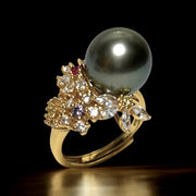 Cocktail Natural Peacock Black 12.2mm Round Tahitian Pearl Ring Size 6