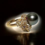 Cocktail Natural Peacock Black 12.2mm Round Tahitian Pearl Ring Size 6