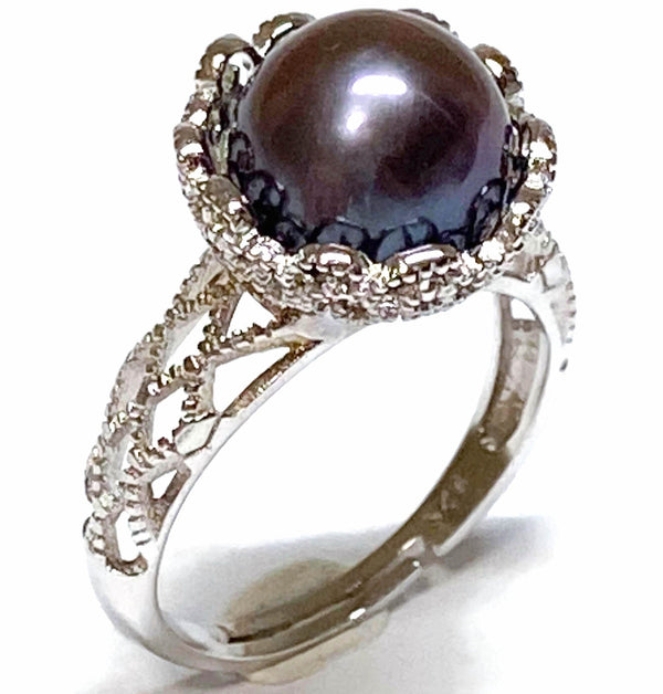 Solitaire 10.5mm Round Purple Black Blue Edison Pearl Ring Size 8
