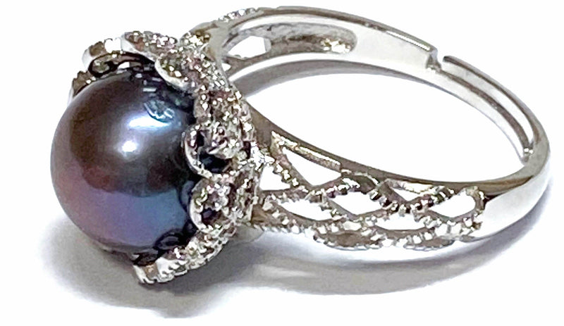 Solitaire 10.5mm Round Purple Black Blue Edison Pearl Ring Size 8