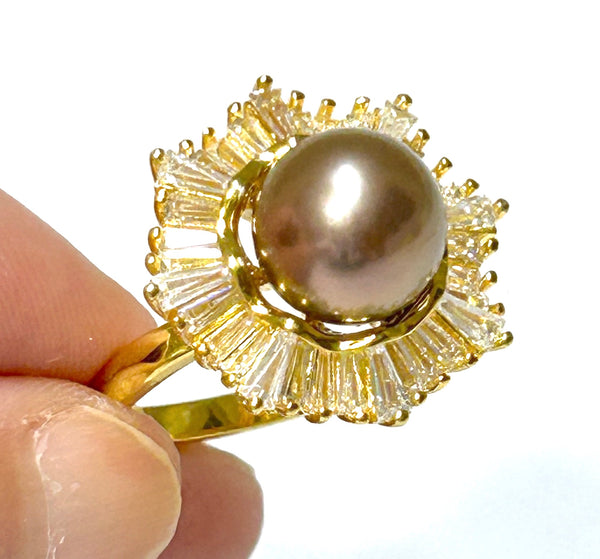 5A 10 - 10.5mm Edison Purple Brown Round Pearl Cocktail Ring Size 8