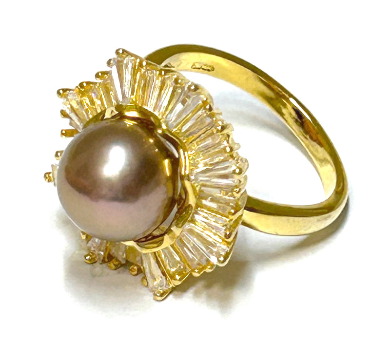 5A 10 - 10.5mm Edison Purple Brown Round Pearl Cocktail Ring Size 8