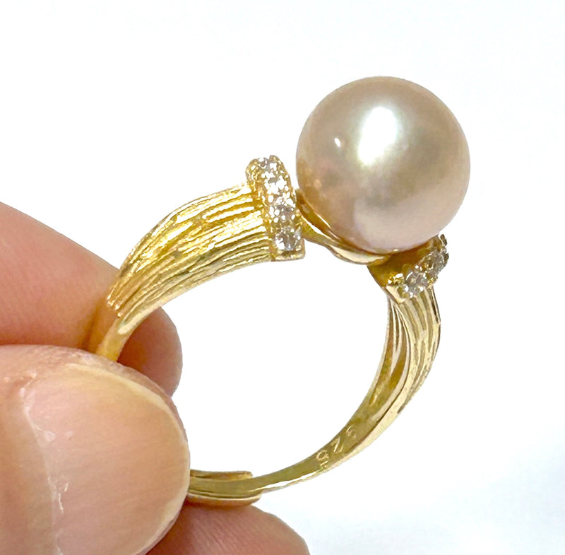 Solitaire 9.5-10mm Natural Peach Pink Gold Edison Pearl Ring Size 6-7
