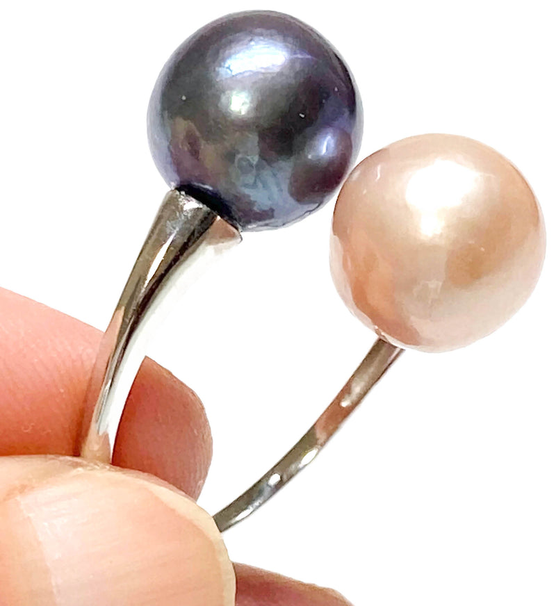 Double 2 x 10mm Edison Baby Pink Black Blue Round Pearl Ring Size 6.5